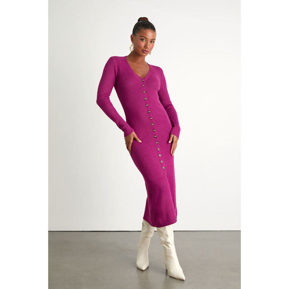 Lulus Cold Weather Crush Purple Button-up Sweater Midi Dress - Size M